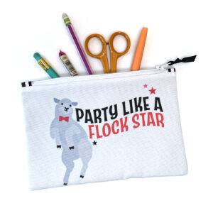 A white zippered pouch with a cartoon sheep in a bow tie and the text "Party like a FLOCK star."